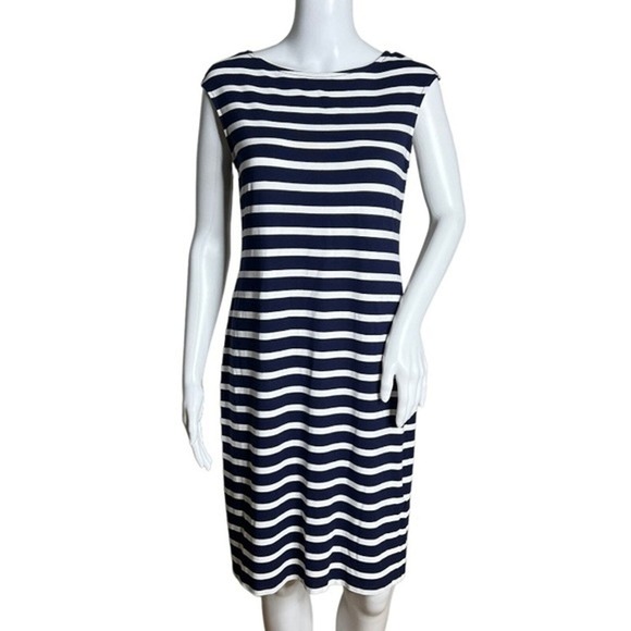 Chicos‎ Dress Women Small White Navy Blue Stripe Sheath Jersey Casual Nautical - Picture 1 of 6